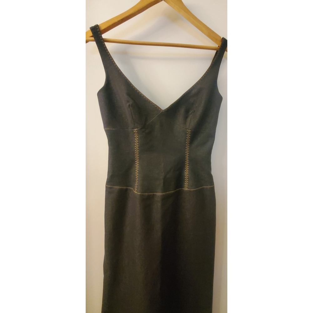 TAHARI Dress XS Dark Denim Tan Stitching Sleeveless Bodycon Lined Upper Side Zip